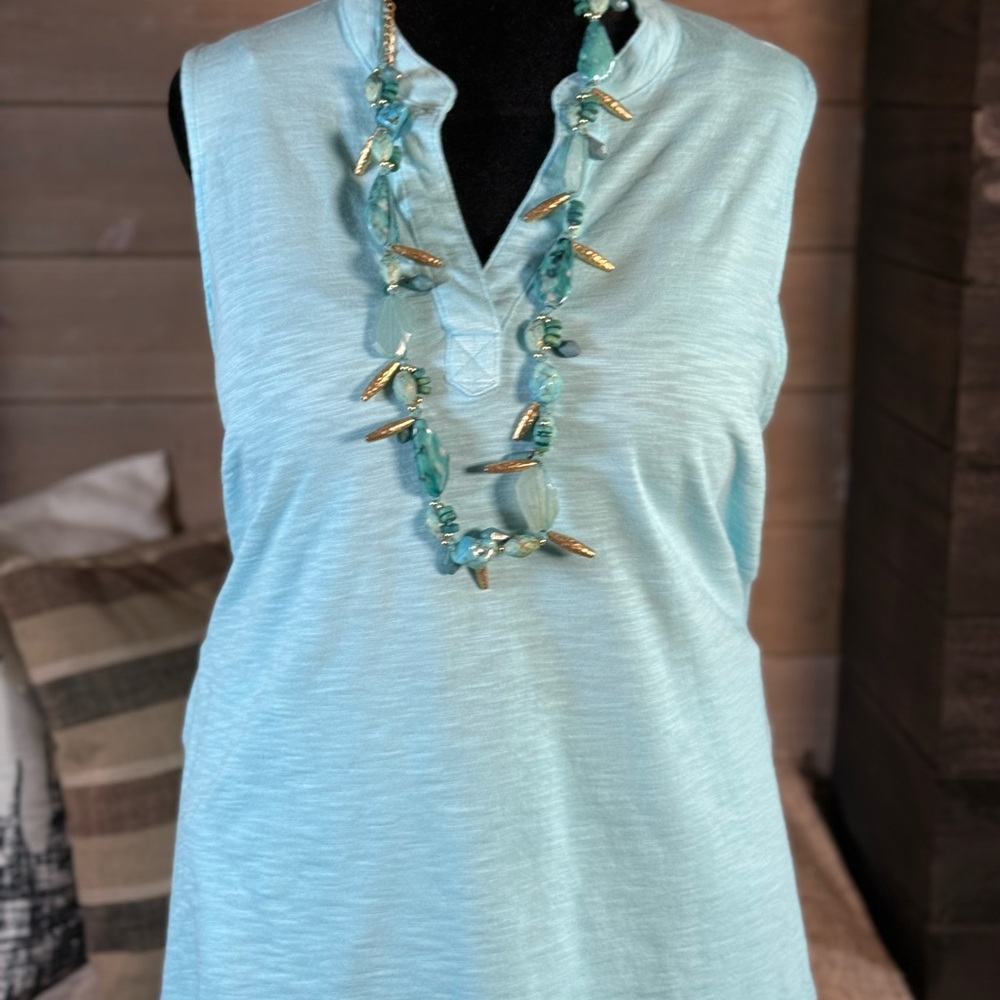 Chico's Turquoise Embroidered Blouse, Sleeveless Tunic and Gingham Pants Set - Picture 3 of 11